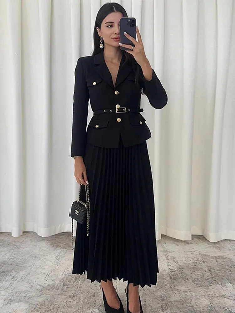 Black A-Line Two-Piece Dress Set: Suit Collar, Pleated Skirt, Slim Belt