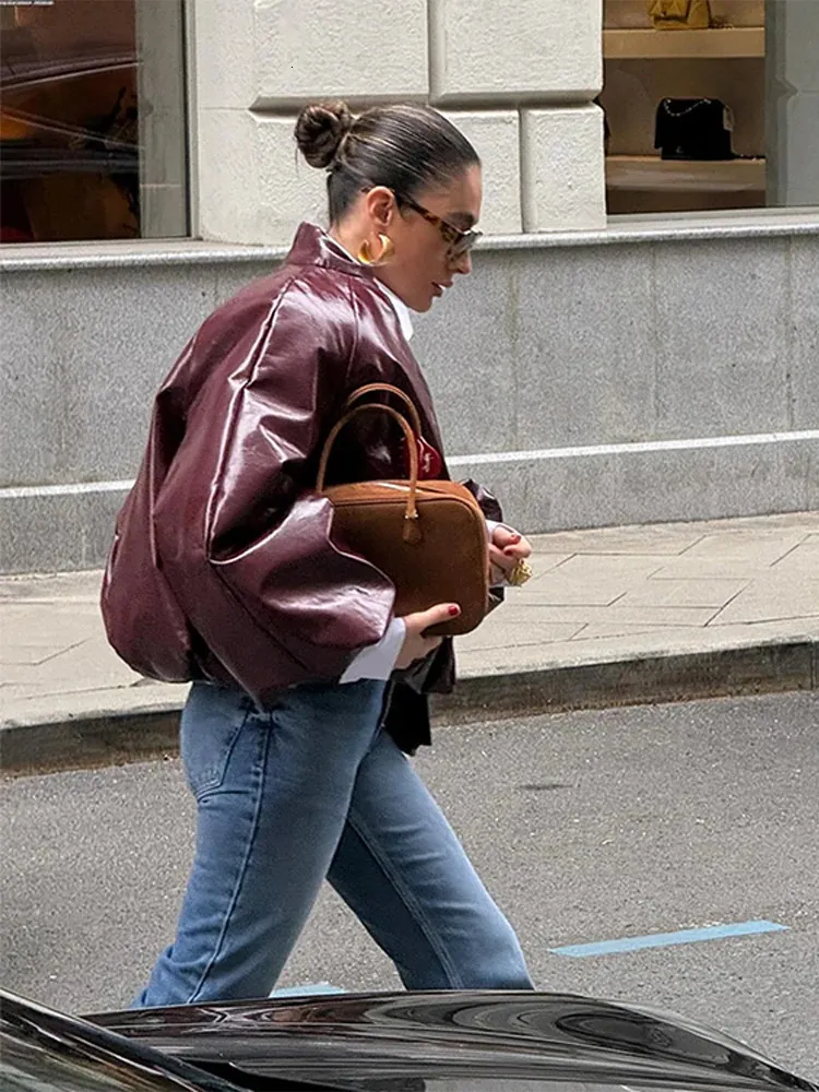 Retro Womens Leather Bomber Jacket Oversized O Ring Zipper Long