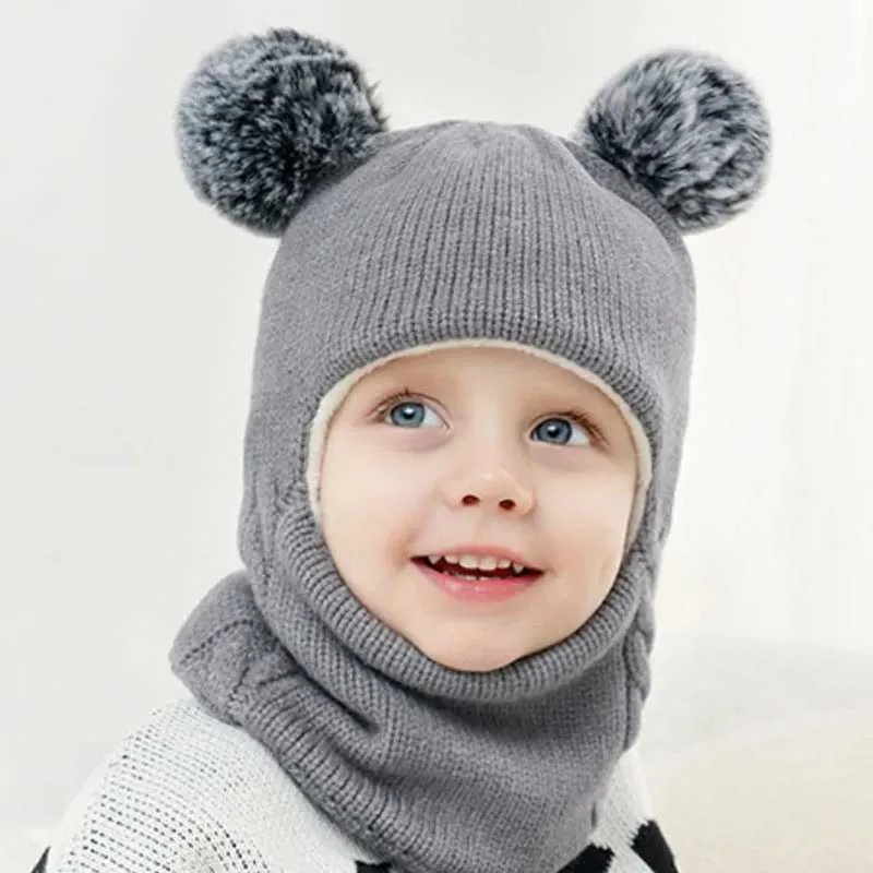 2 In 1 Kids Hat Scarf Bear Toddler Balaclava Winter Warm