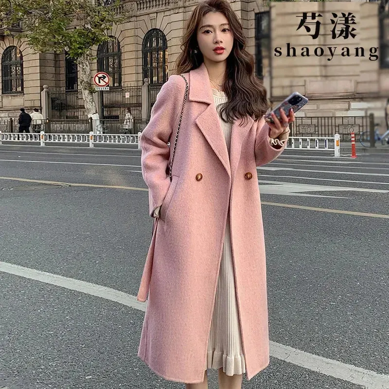Womens Long Wool Coat, Double Sided Loose Fit Overcoat