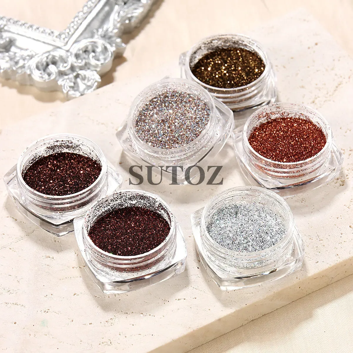 Set Chrome Nail Glitter Powder Brown Gold Diamond Dipping Powder for ...