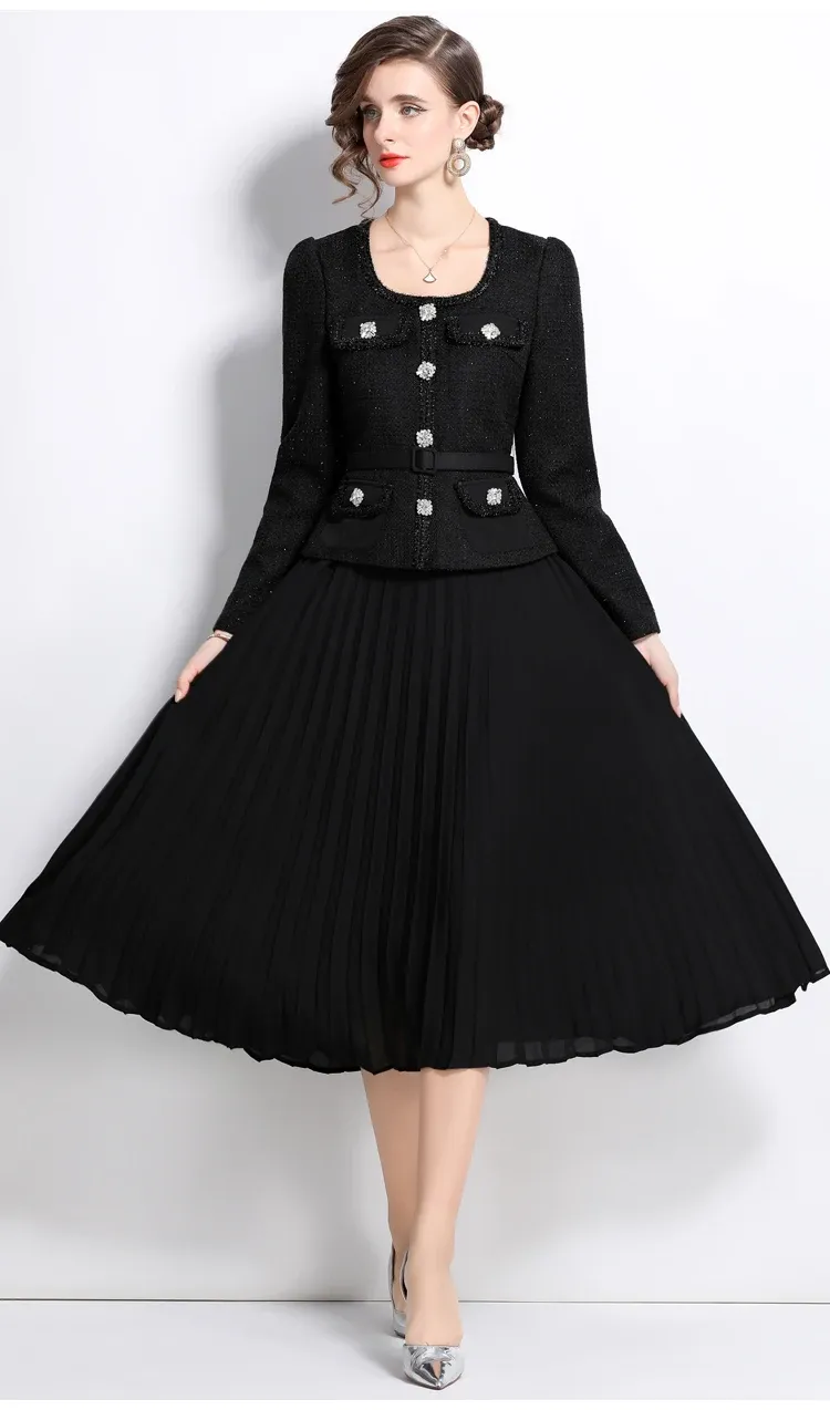 knee length dresses for ladies Zapaka Women Black Tweed Work Dress 2 Piece Round Neck Pencil Long Sleeves Midi Business Dress, Black / M