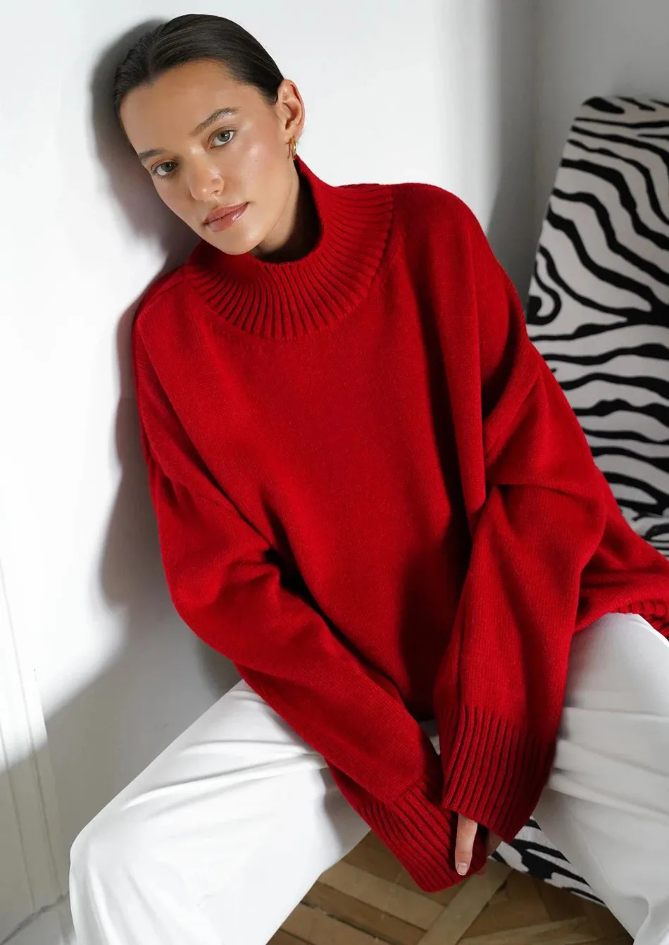 SANGTREE Women's Soft Turtleneck Sweater - Lightweight Knit Long Sleeve Top In Red, Size Large - View #6