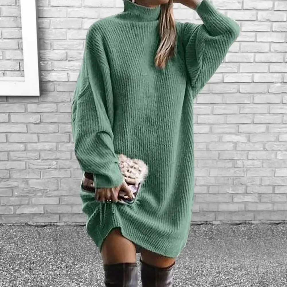 knee length dresses for ladies Brown Long Sleeve Turtle Neck Knit Midi Dress main image 0