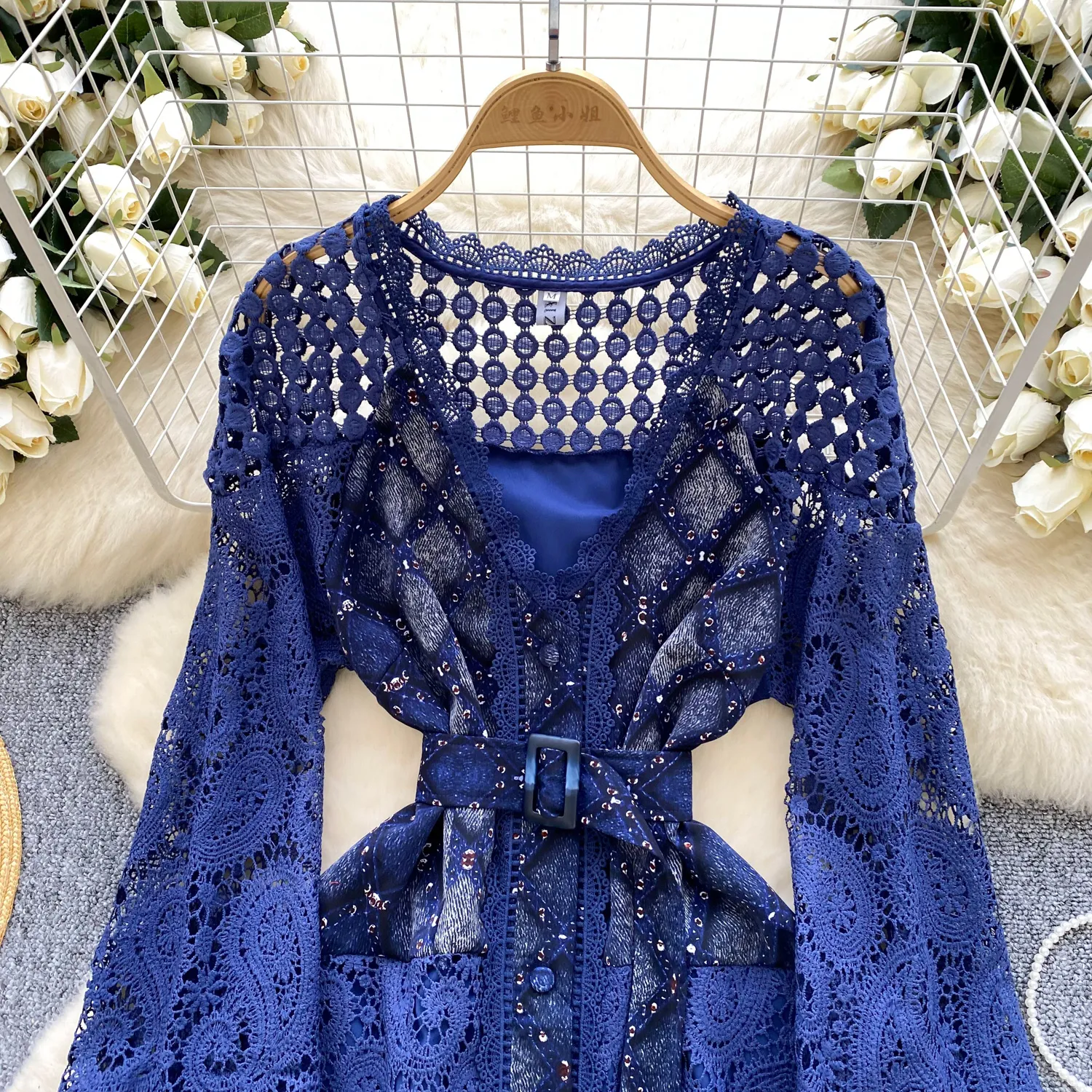 Vacation Dress Women's V-Neck Hollow Out Long Sleeve Dress  Elegant  Everyday & Vacation Wear | Polyester Formal Dress Polyester Lace Dress