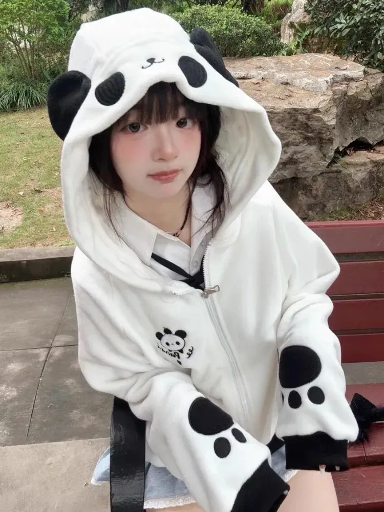 Y2k Cartoon Panda Embroidered Polar Wool Jacket Womens Hoodie