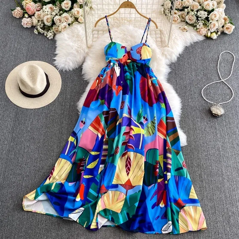 Summer Beach Style Suspender Beach Maxi Dress With Ethnic Summer Beach Style Suspender Beach Maxi Dress With Ethnic