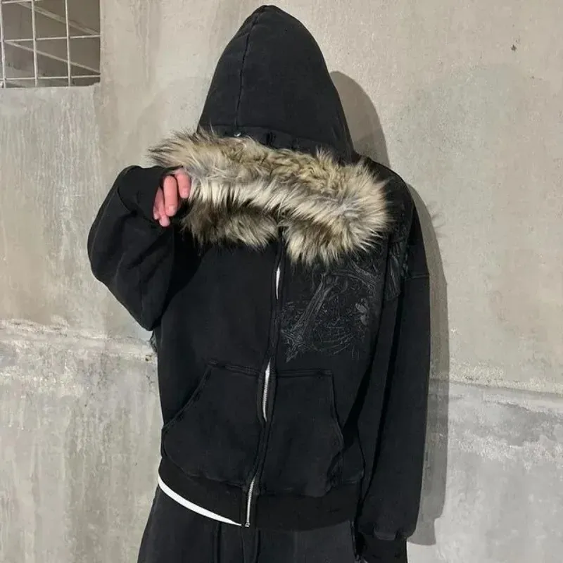 Y2K Inspired Streetwear Hoodie With Fur Collar: Winter