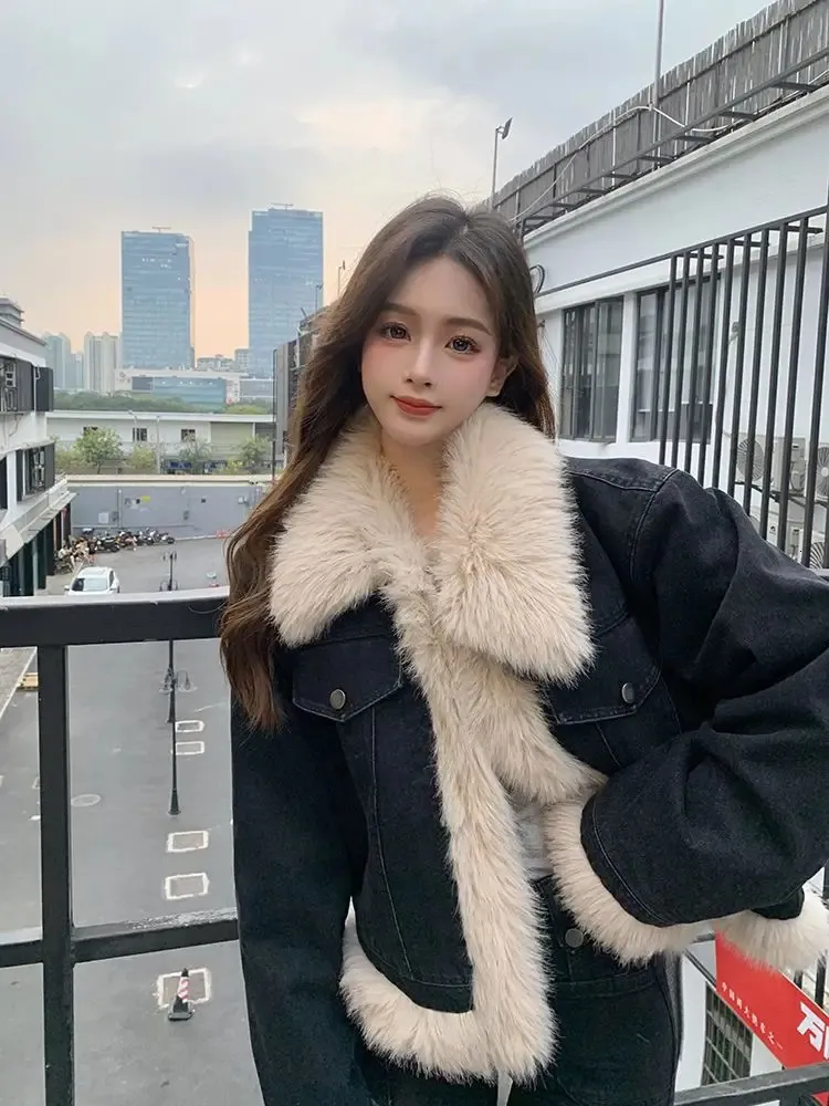 Y2k Aesthetics Black Denim Jacket Grunge Fairycore Jeans Fur