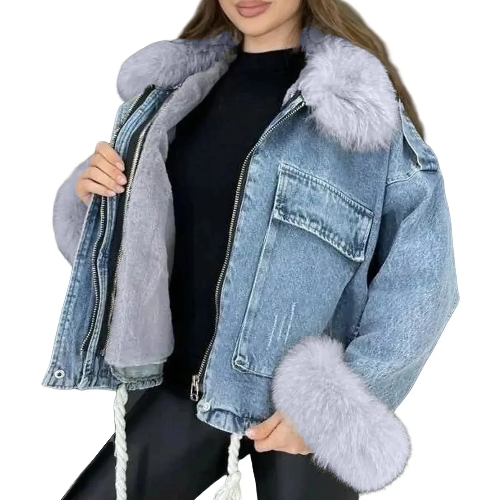 Save Big on Bulk Lamb Fur Jacket Fur Lined Denim Jacket: Women's Winter  Warm Blue Denim Coat With Plush Sheep Wool Jacket And Retro Styling Best 