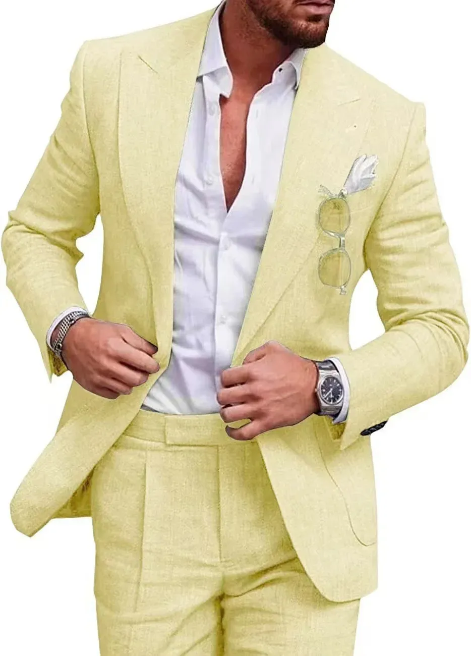Completo Uomo In Lino Slim Fit 2 Pezzi – Blazer E Pantaloni Per Matrimonio In Spiaggia, Abito Estivo Con Bavero A Punta - 3