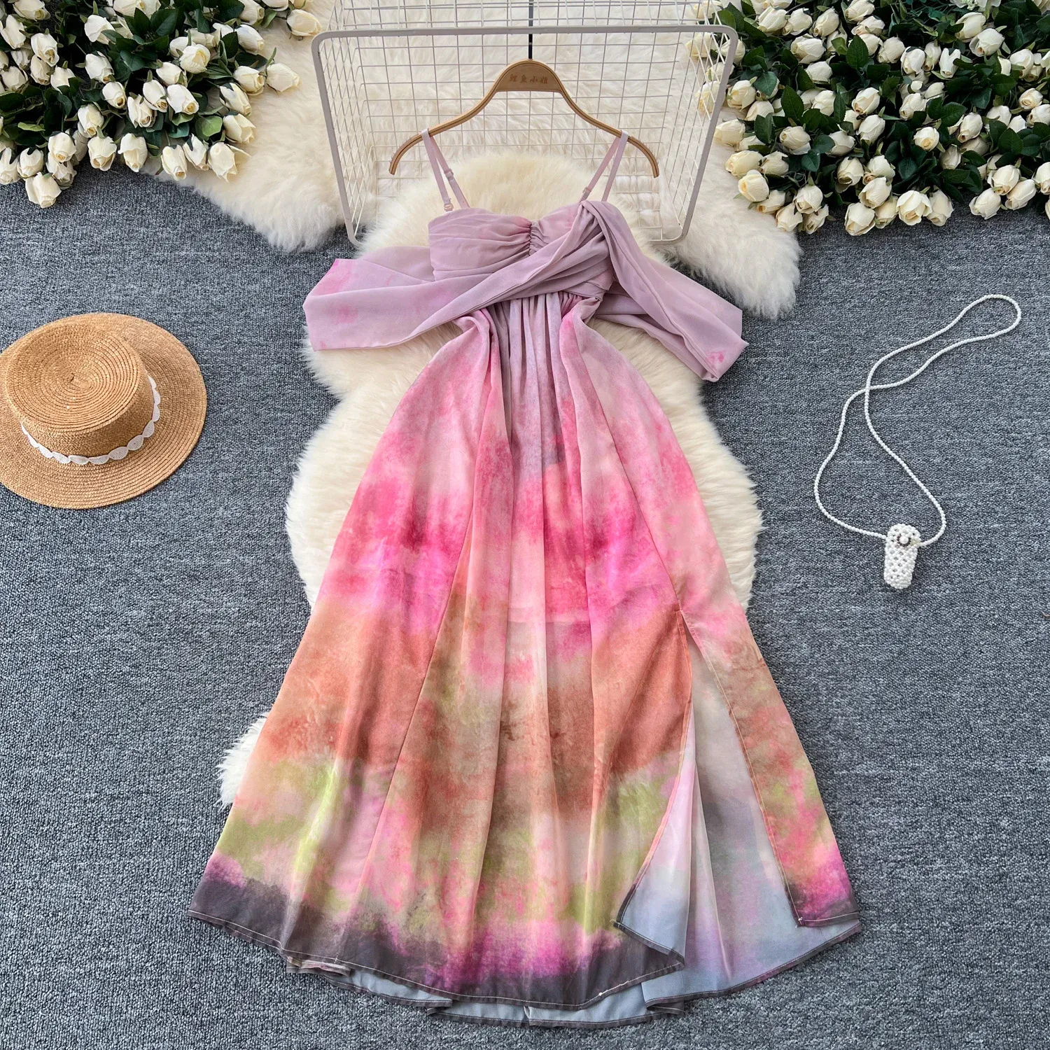 Save Big on Bulk Chiffon Beach Maxi Dress Basic Casual Dresses Holiday  Beach Maxi Dress For Women Tie Dye Print Spaghetti Strap Off Shoulder  Vestidos