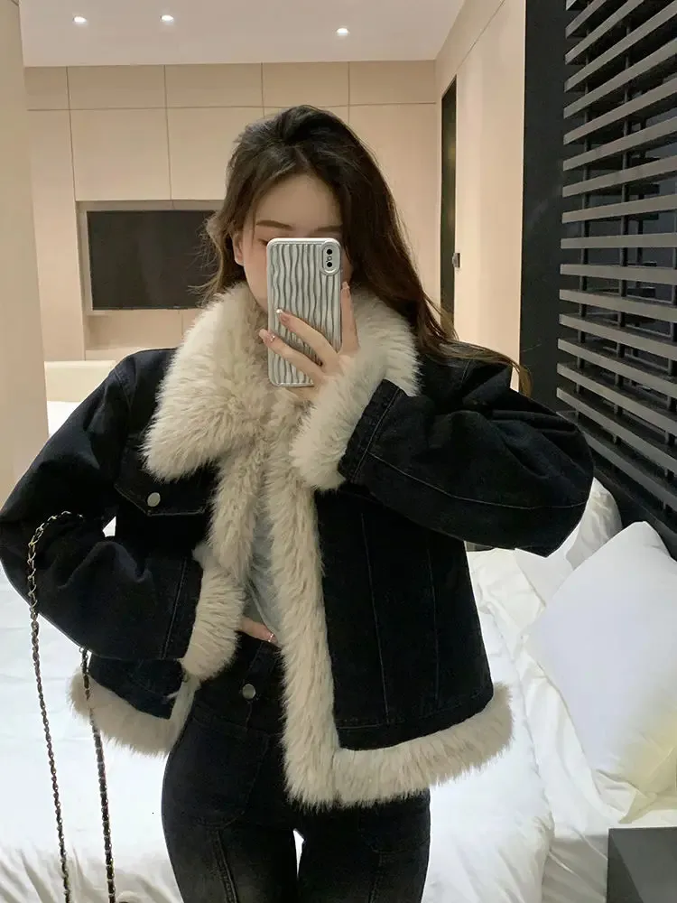 Y2k Aesthetics Black Denim Jacket Grunge Fairycore Jeans Fur