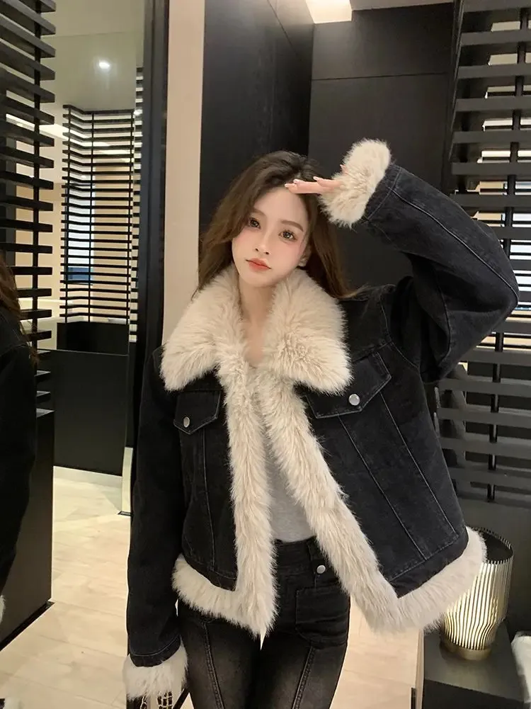 Y2k Aesthetics Black Denim Jacket Grunge Fairycore Jeans Fur