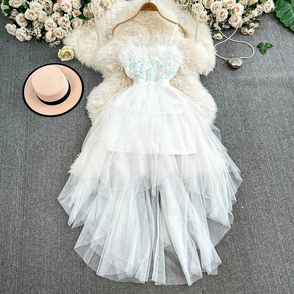 Vestido De Lentejuelas De Lentejuelas De Espagueti De Plumas