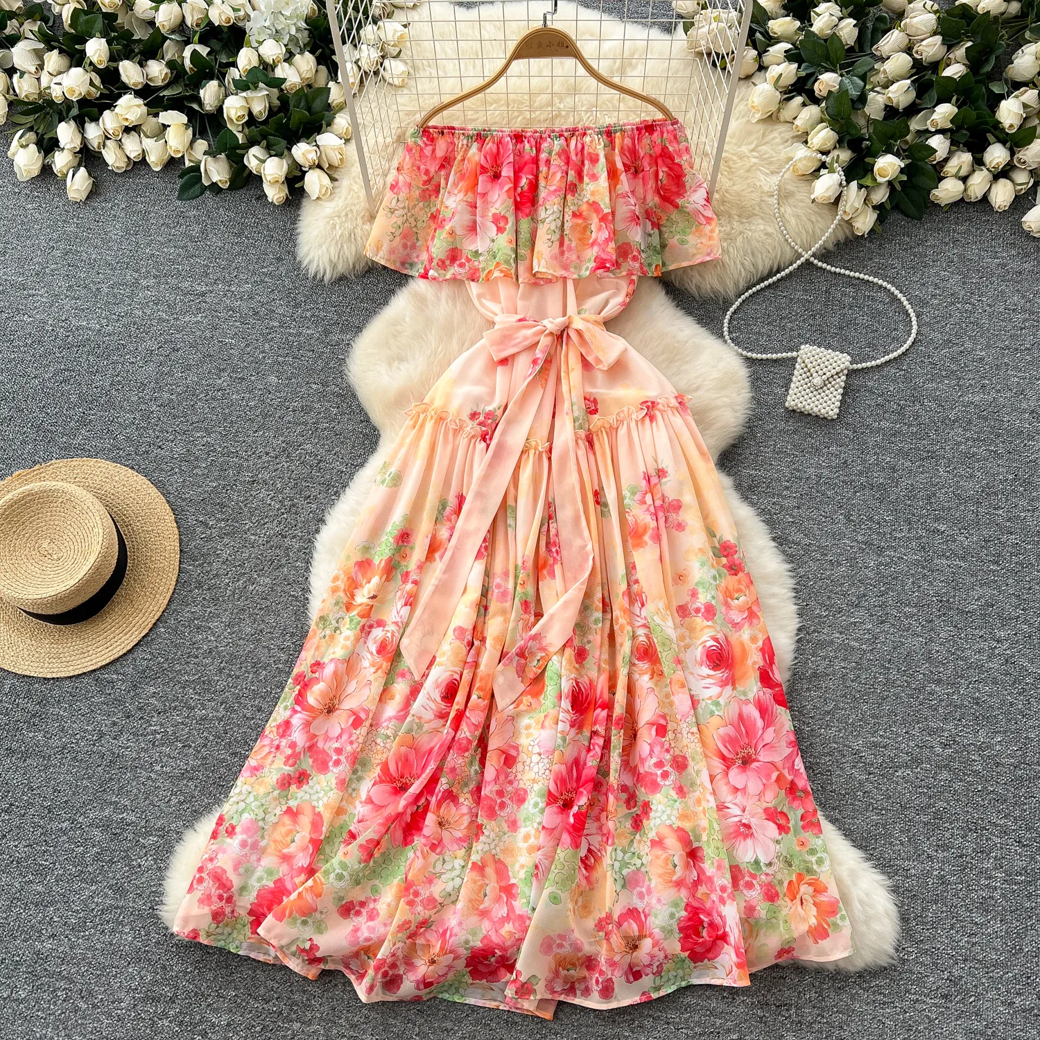 Bohemian Sexy Off Shoulder Floral Print Casual Chiffon Belt Dress Bohemian Sexy Off Shoulder Floral Print Casual Chiffon Belt Dress