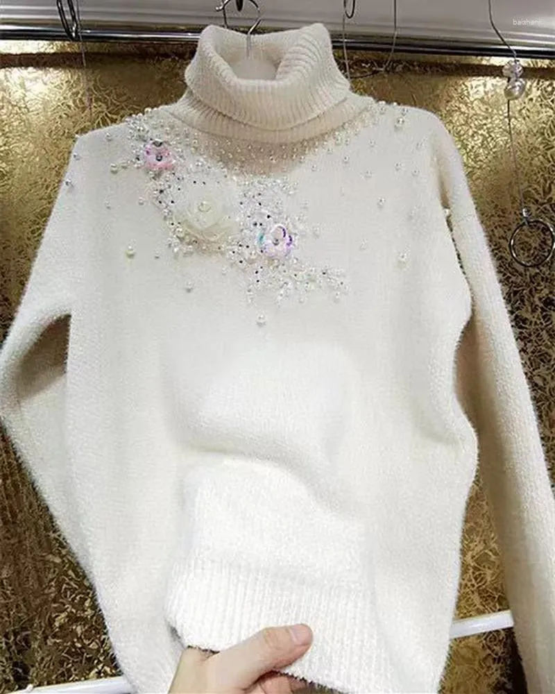 Women's Pearl Embroidered Turtleneck Sweater Autumn Winter Knit Pullover