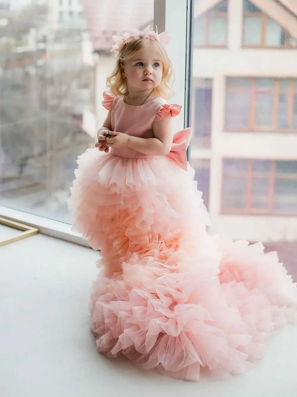 Children's Tiered Satin Pageant Dress with Open Back and Bow for Toddlers  and Kids Winter Party Gown