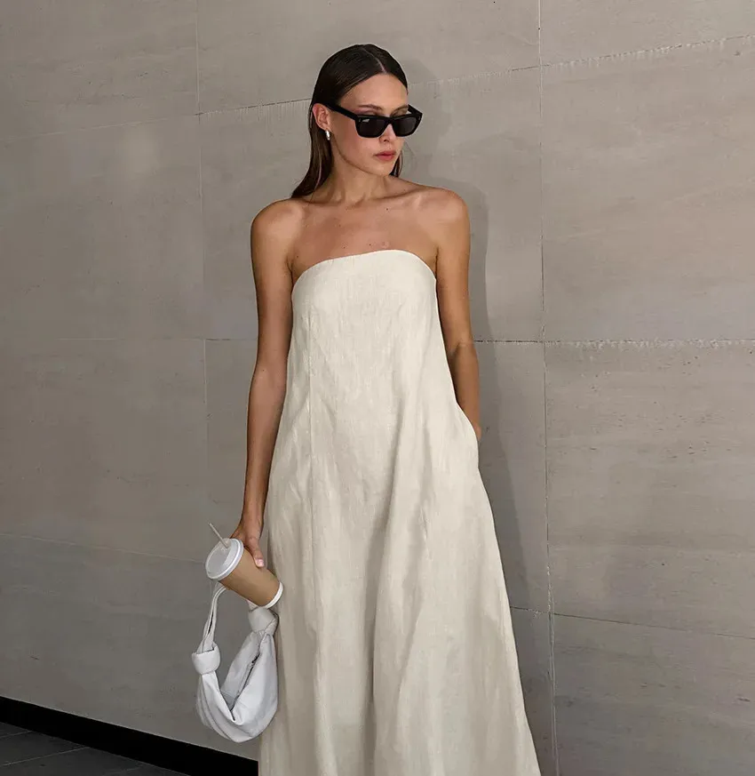 knee length dresses for ladies Miranda Strapless Linen Maxi Dress S / Black