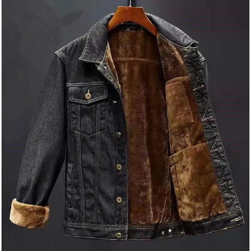 Mens Black Velvet Denim Jacket Thickened Warm Winter Coat with