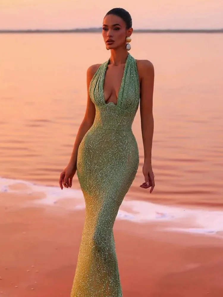 Sexy Halter Deep V Neck Sequins Maxi Dress Women Green Sleeveless