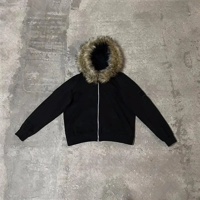 Faux Fur Collar Zip Up Hoodie Harajuku Rock Goth Punk Streetwear