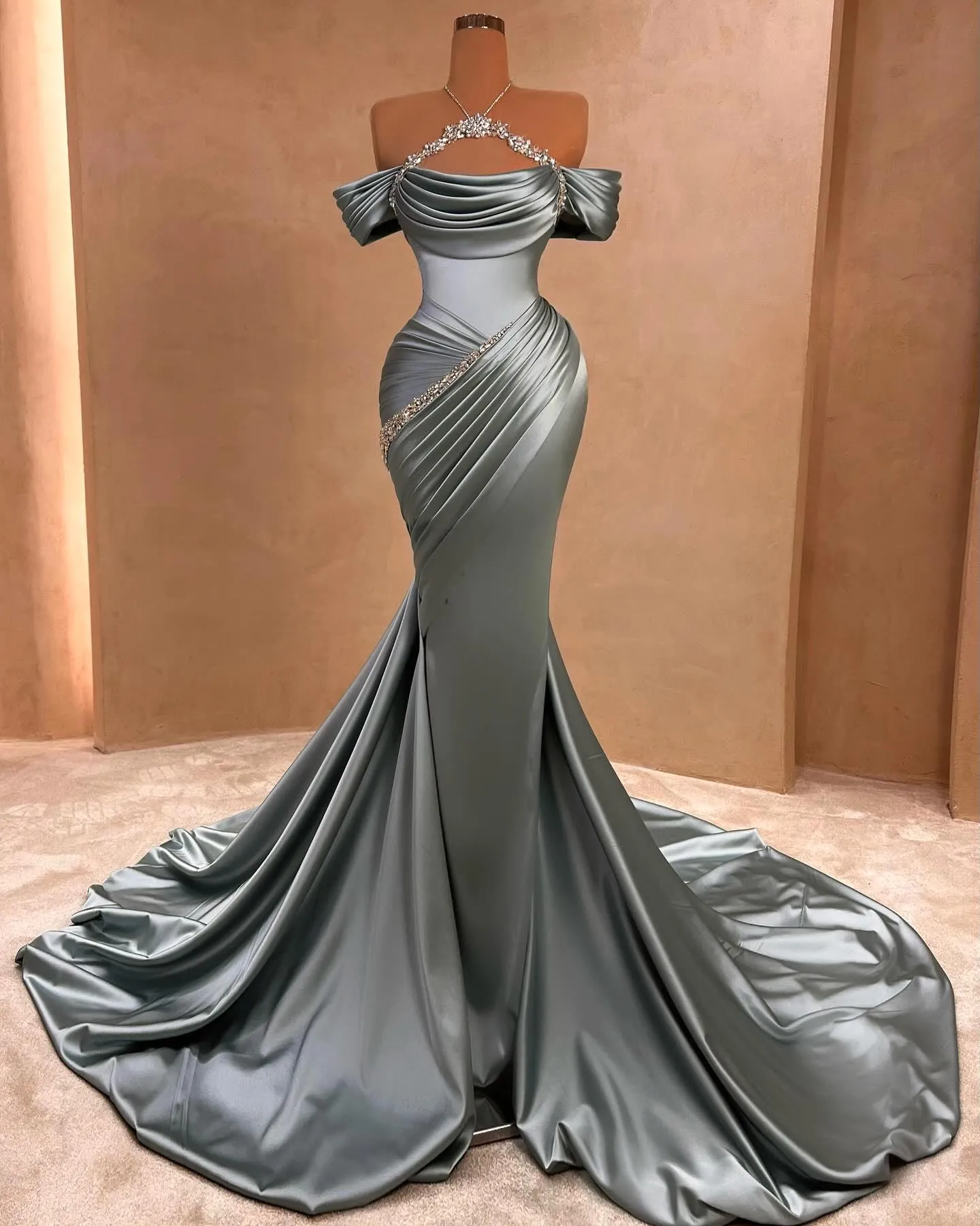 gray halter prom dress Full Figured Beaded Dress,Grey Prom Dress,Halter Prom Dress,PD00343, US14 / Royal Blue