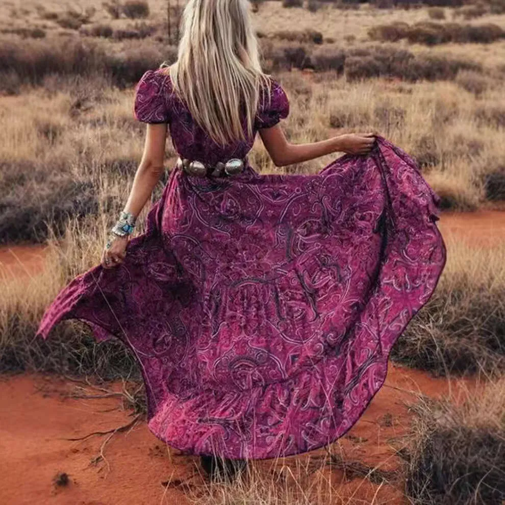 European And American Women's Bohemian Dress New Collection Waist Ral Print Large Swing Jumpsuit Long Skirt European And American Women's Bohemian Dress New Collection Waist Ral Print Large Swing Jumpsuit Long Skirt