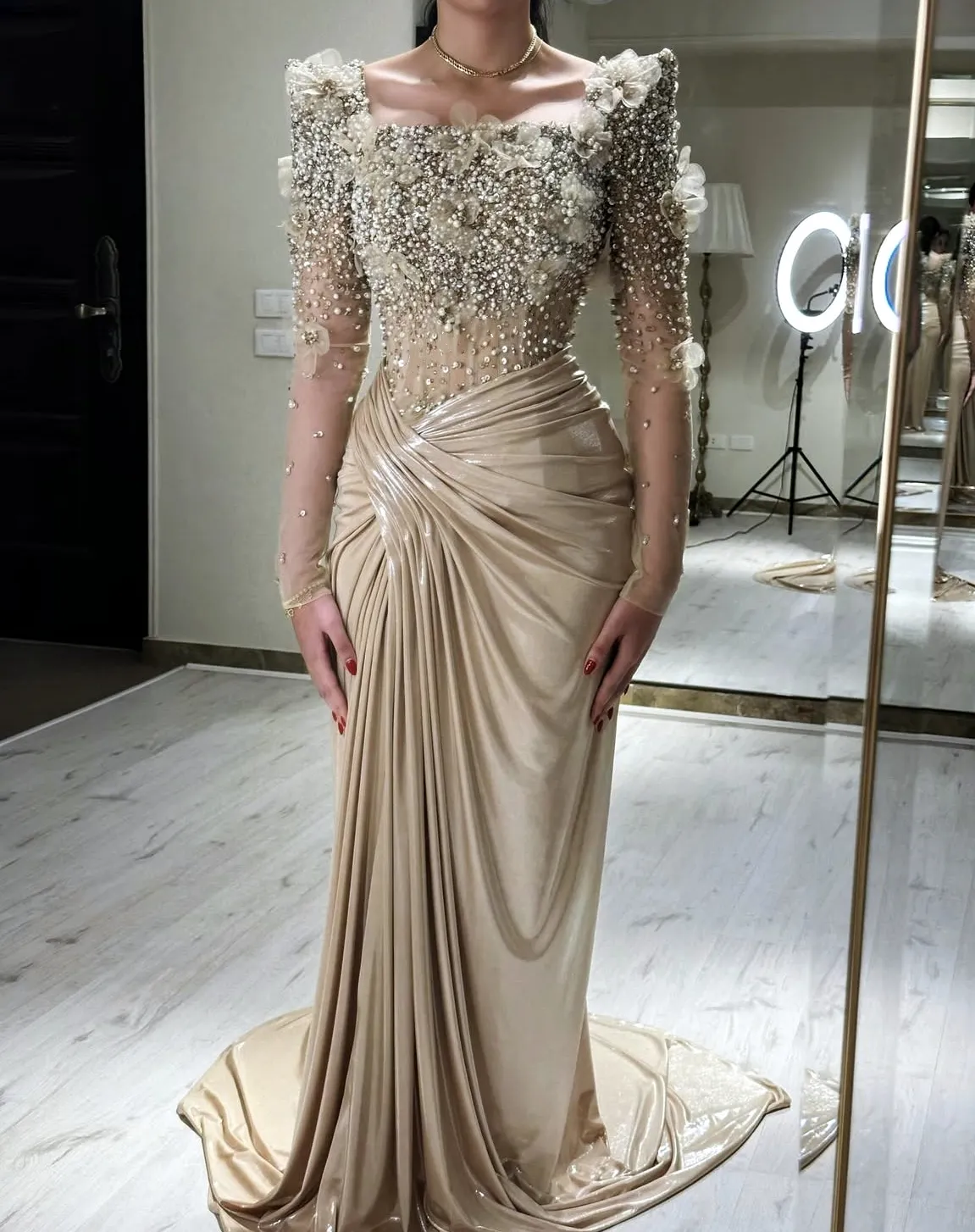 Champagne Mermaid Prom Dresses 2025 Sashes Pleaterd Lace Appliques Beading Formal Evening Gowns Drapped Chiffon Party Dresses main image 1