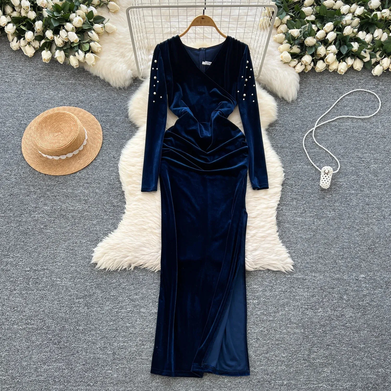 Velvet V Neck Long Sleeve Dress, Embroidered Details | DHgate