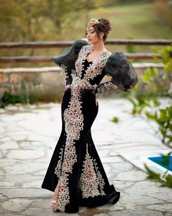 Black Velour Moroccan Black velvet evening gown with Gold and Long Sleeves - Customizable Islamic Dubai Saudi Arabic Abaya Prom Dress
