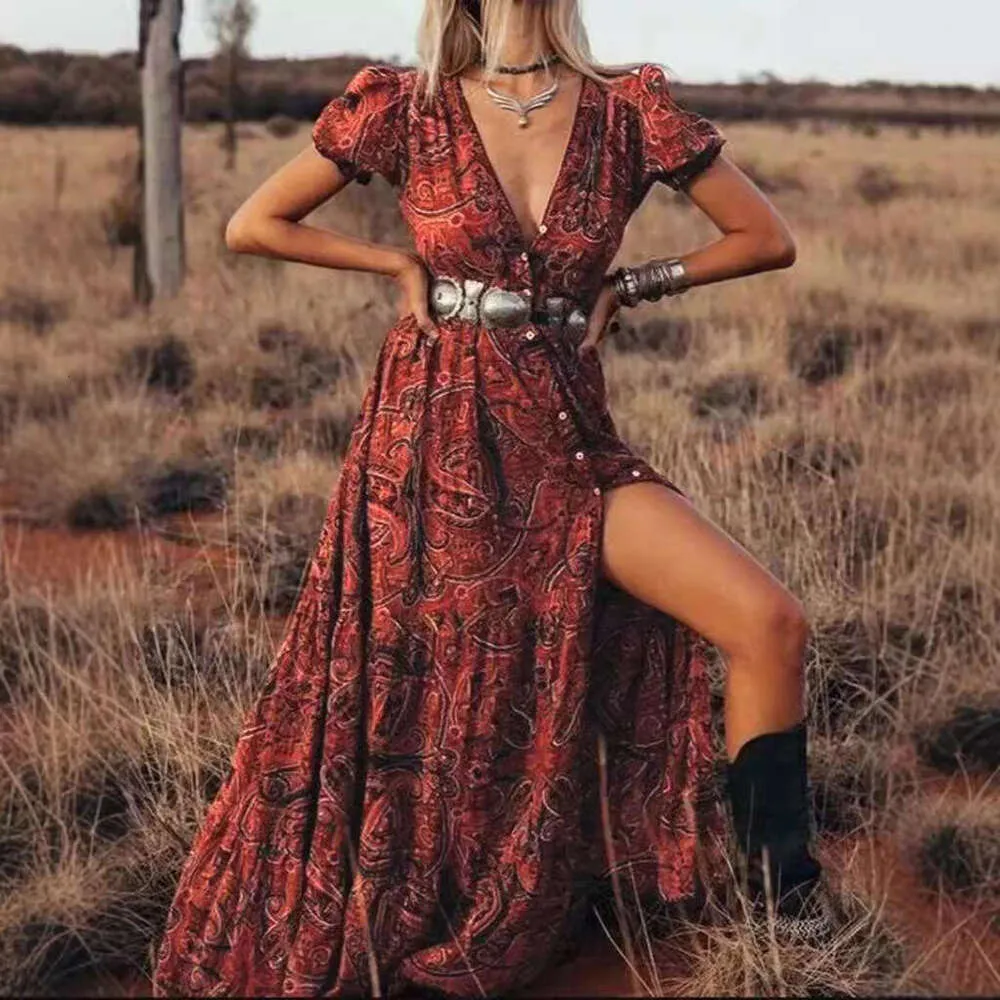 European And American Women's Bohemian Dress New Collection Waist Ral Print Large Swing Jumpsuit Long Skirt European And American Women's Bohemian Dress New Collection Waist Ral Print Large Swing Jumpsuit Long Skirt