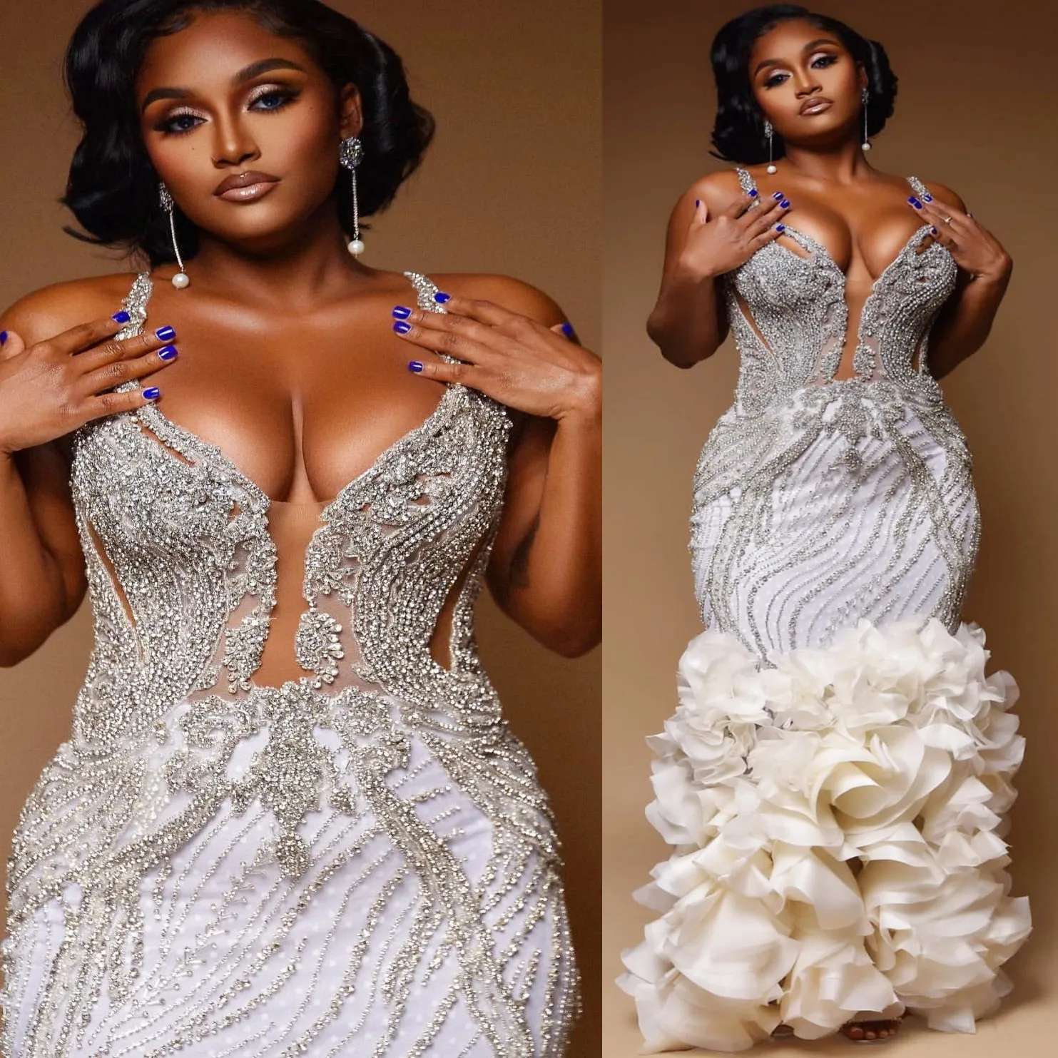 Prom Dresses Elegant, 2020 Glamorous Champagne Halter Beading Mermaid/Trumpet Organza Tiers Prom Dresses  cg7292 main image 0