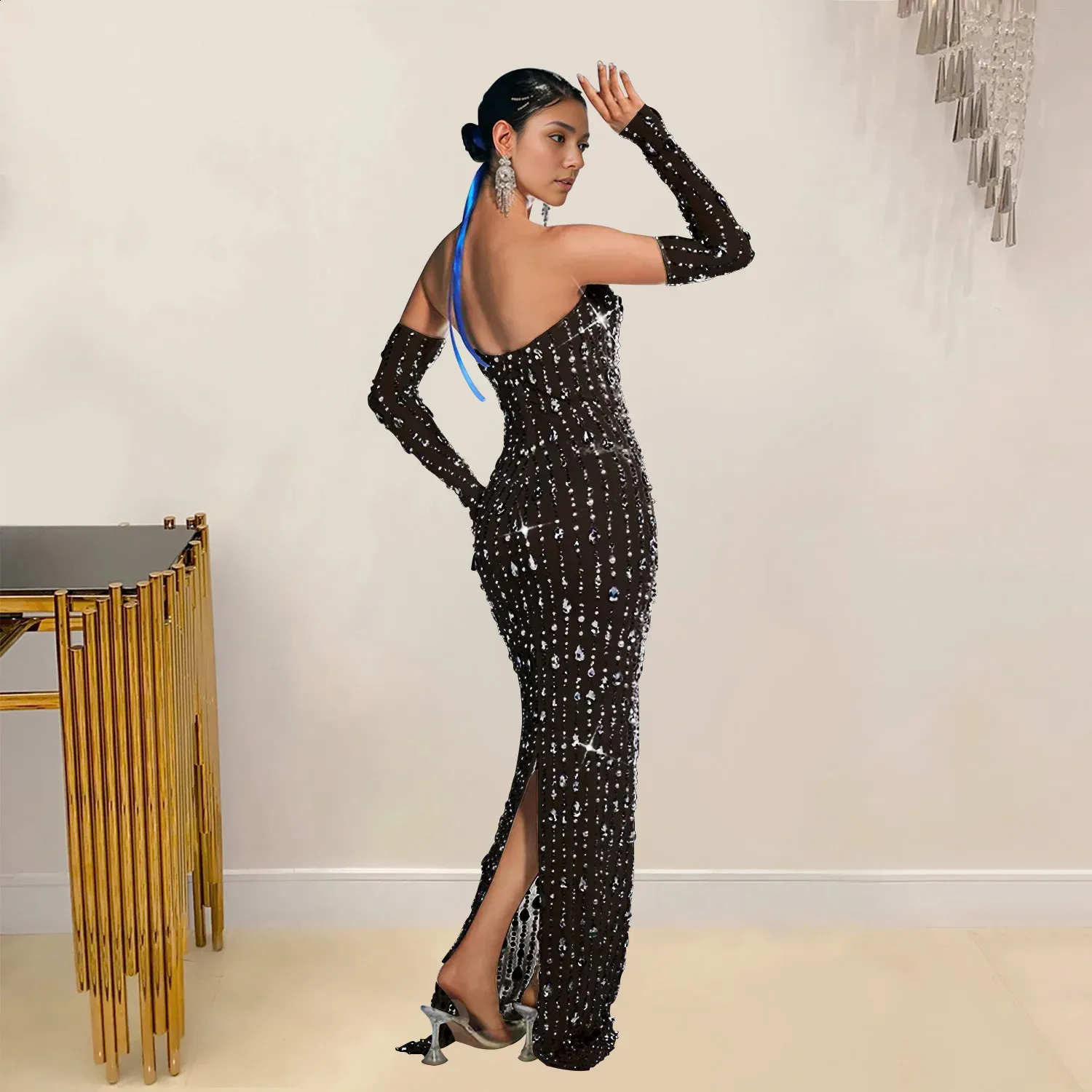 knee length dresses for ladies Maraya Plus Size Green Rhinestone Mesh Long Sleeve Maxi Dress with Slip Dress 6 US Women's Numeric / More and Custom Color main image 1
