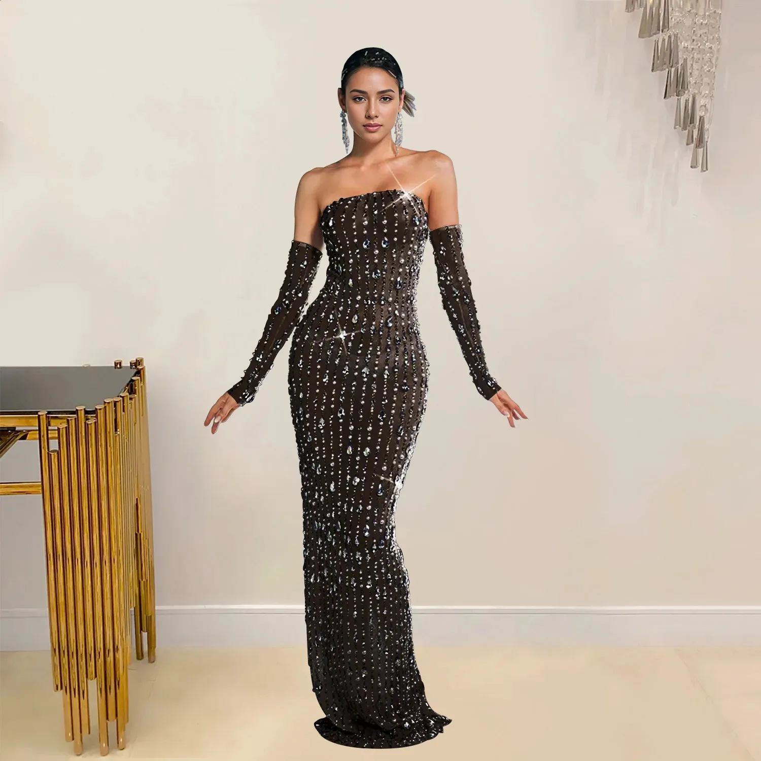 Rhinestone Sheer Mesh Maxi Dress with Gloves Glam See-Through