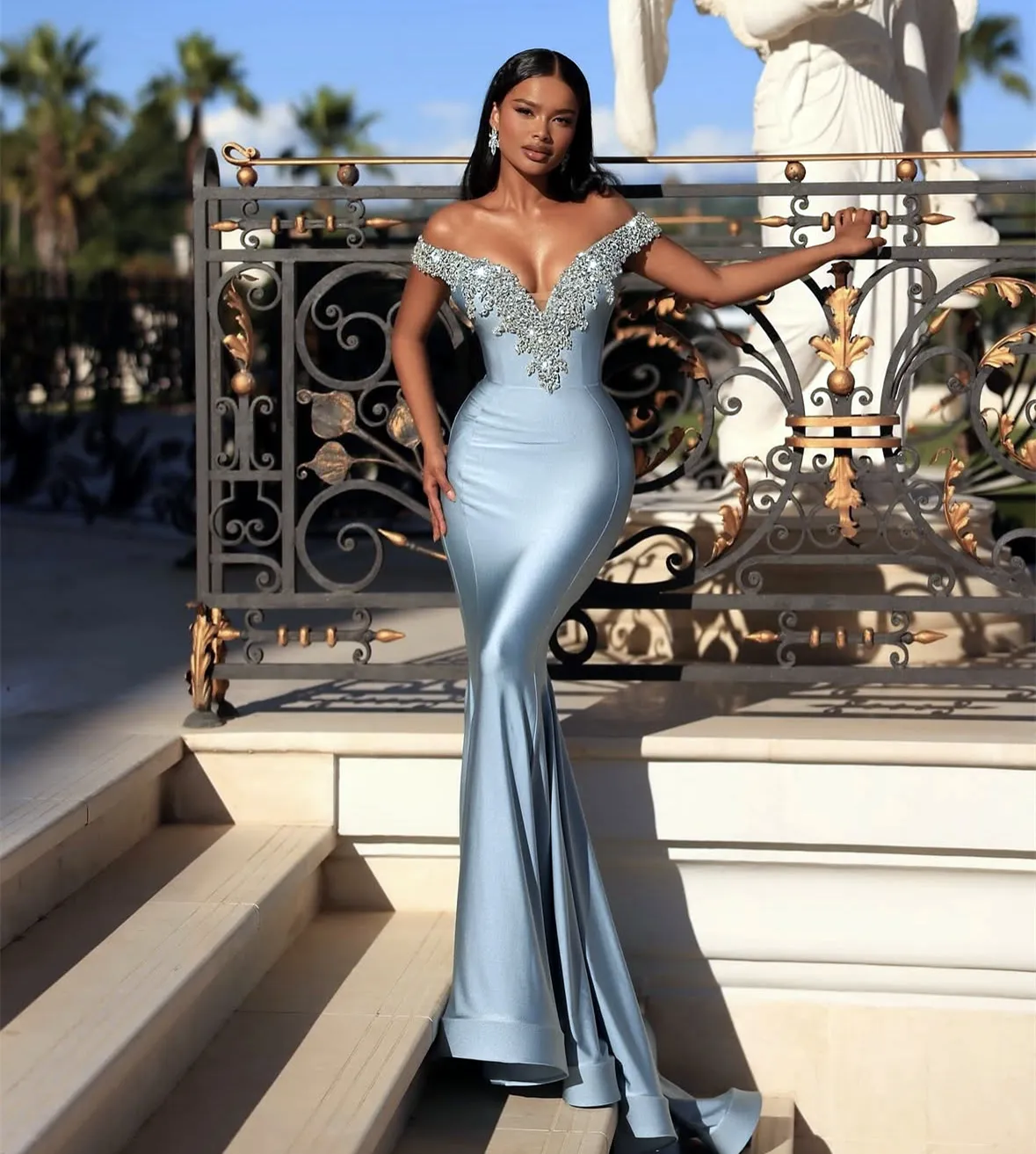 Beaded Mermaid Prom Dress Satin Evening Gown with Crystals Sequins V-Neck  Off Shoulder Sleeveless Fitted Sweep Train from Dhgate Prom Dresses - price  149.55