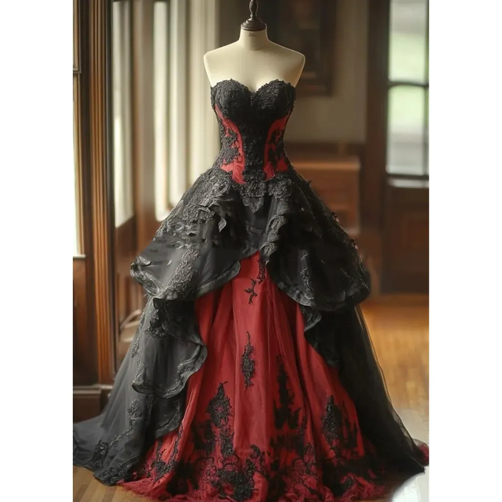 Vintage Gothic Gothic wedding dresses with Dark Red and Black Lace Appliques, Sweetheart Neckline, A-Line Corset, Back Lacing-up, and Sleeveless