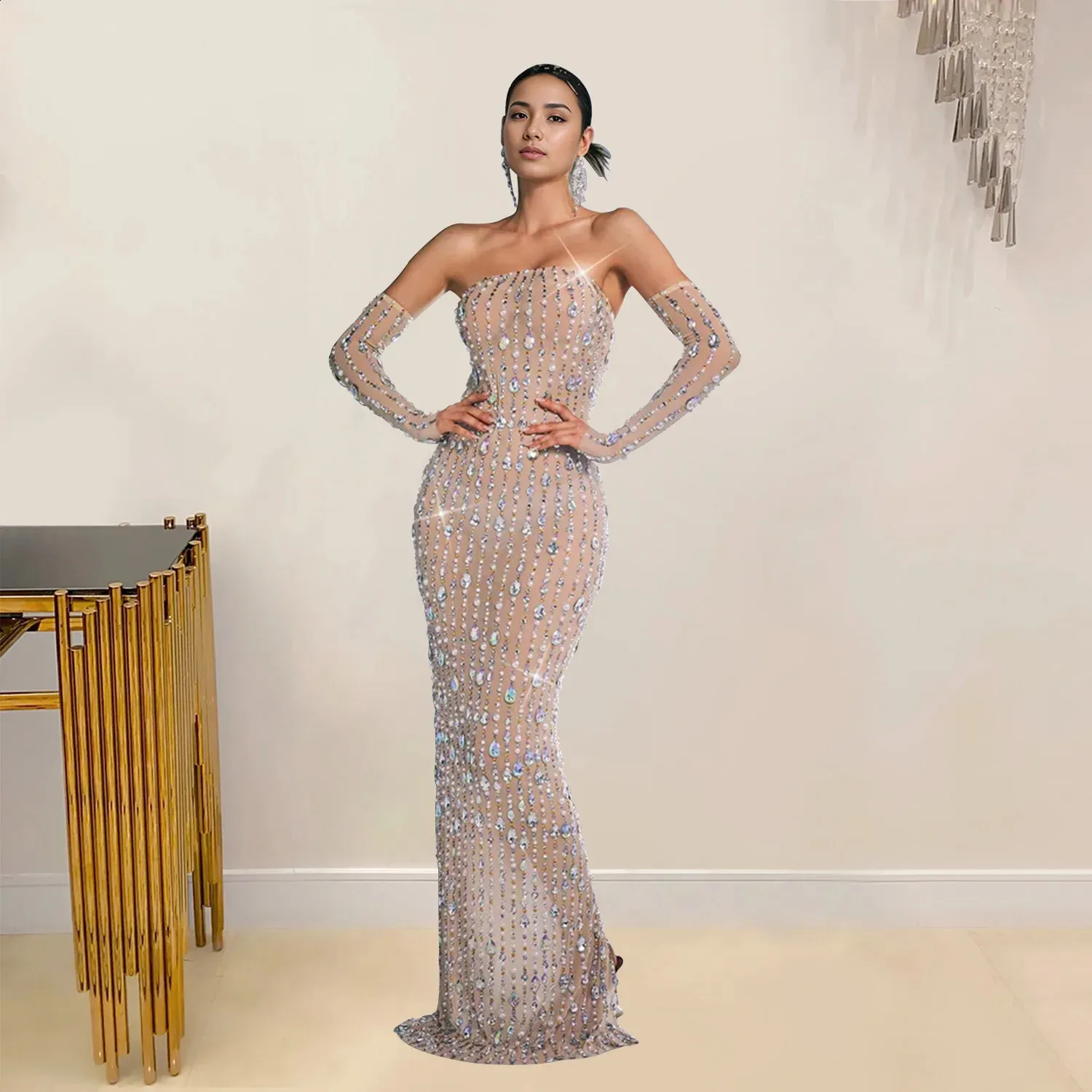 Rhinestone Sheer Mesh Maxi Dress with Gloves Floor-Length Chiffon Synthetic  Fiber from Dhgate Runway Dresses - price 87.94