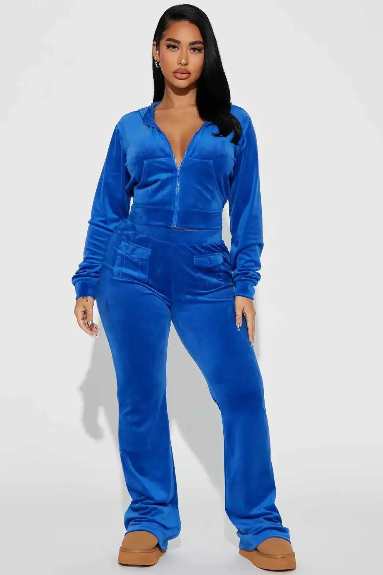Save Big on Bulk Velvet Tracksuit Set Womens Women's Velvet Tracksuit Set:  Fashion Hoodie Jacket And Wide Leg Pants Two Piece Outfit Best Deals on 
