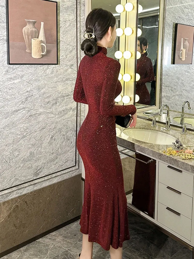 Sequin Cocktail Dresses: Womens Elegant Wine Red Evening Gown With Long  Sleeves, Form Fitting Fold Detail, Party Ball Dress Stretchy Fabric From  Zara05, $35.54 | DHgate.Com