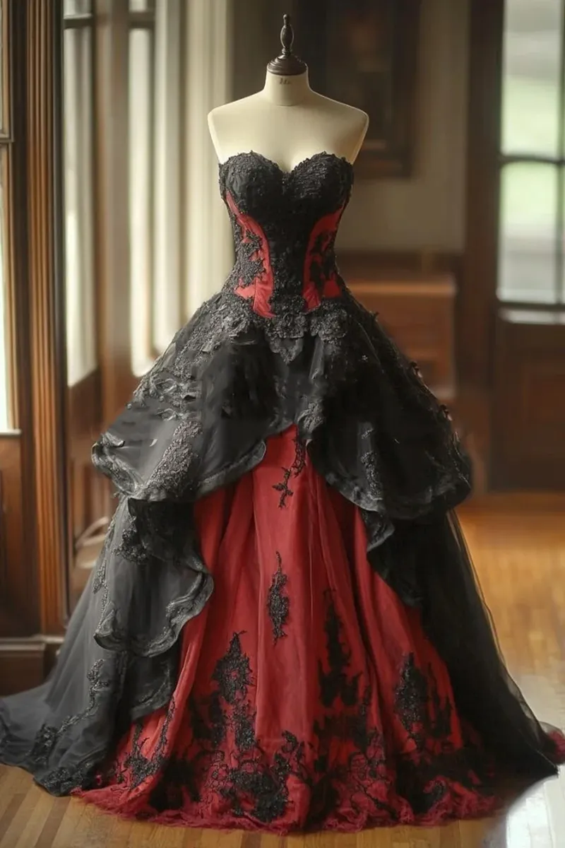 Vintage Gothic Gothic wedding dresses with Dark Red and Black Ruffle Corset, Lace Appliques, and Long Hemline - Vestido de Novia 2025 Vintage Gothic Gothic wedding dresses with Dark Red and Black Ruffle Corset, Lace Appliques, and Long Hemline - Vestido de Novia 2025
