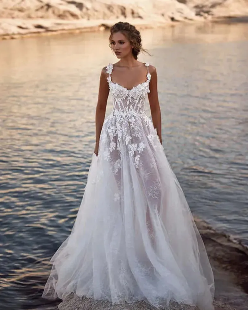 princess polly baby blue dress Spaghetti Straps Lace Dropped Sleeves Tulle A Line Beach Wedding Dress  OKH83 – Demodresses main image 1