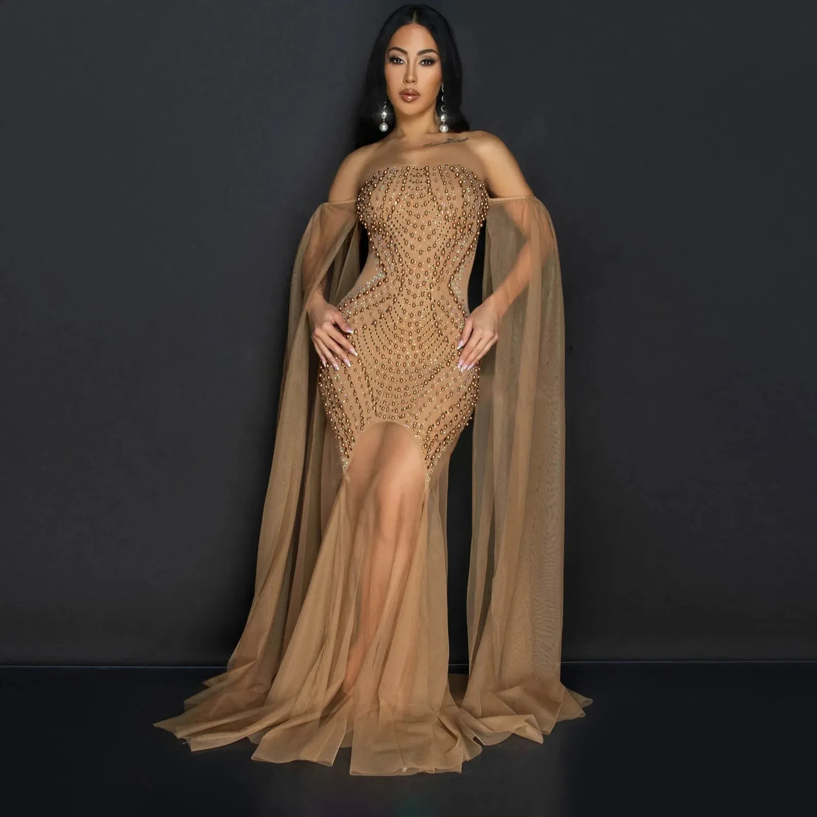 pearl bodycon dress Pearl Mesh Midi Dress- Pearl Bodycon Dress- Long Blush Pink Dress Medium main image 0