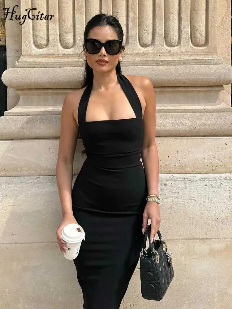 Hugcitar 2024 Black Backless Halter Bodycon Long Black Halter Dress - Sexy Y2k Clothes for Women's Prom, Wedding, Birthday Party (XJ241218)