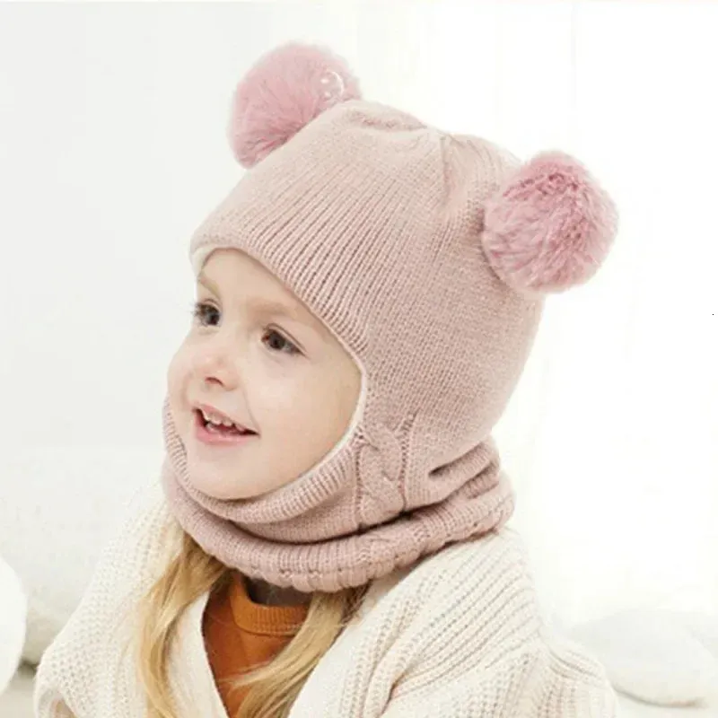 Cagoule 3 En 1 Bonnet Hiver Enfant Fille Jaune - Chapeau Pompon Tricoté Chaud 3-8 Ans