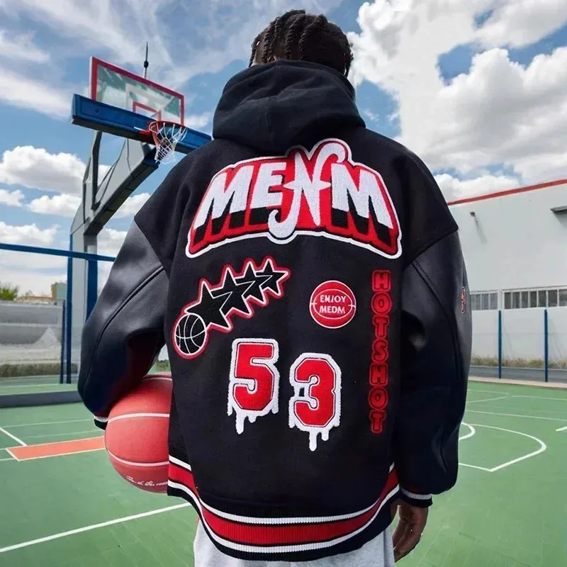 GORGLITTER Men's Varsity Bomber Jacket – Y2K Graphic Zip Up Racer