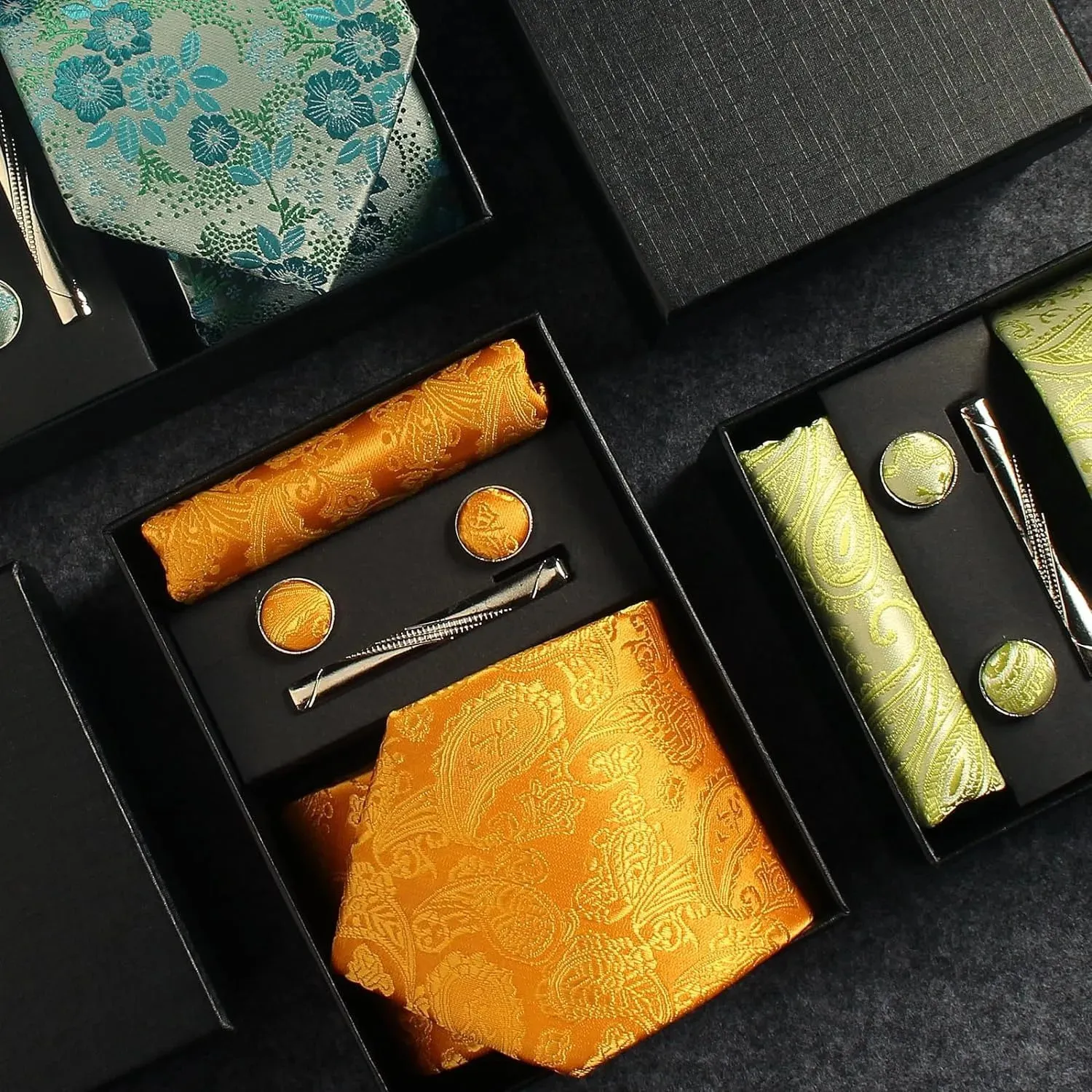 DiBanGu Herren Krawatten-Set Aus Seide - Mit Einstecktuch, Manschettenknöpfen & Krawattenklammer Im Geschenkset