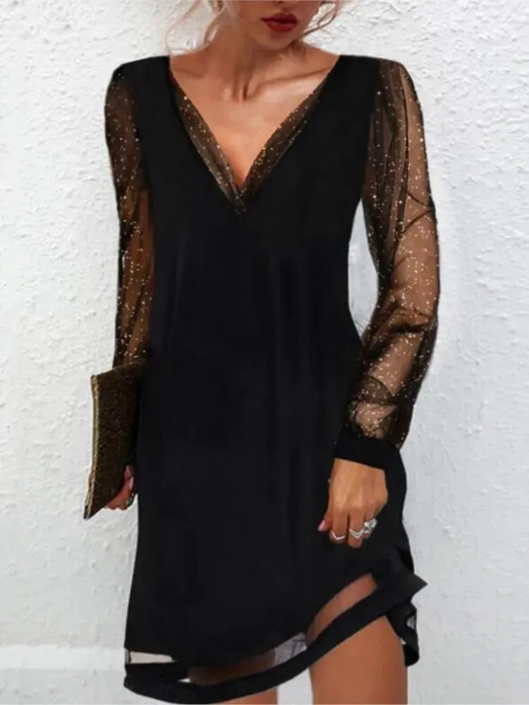 knee length dresses for ladies Black Mesh V-Neck Maxi Dress main image 0