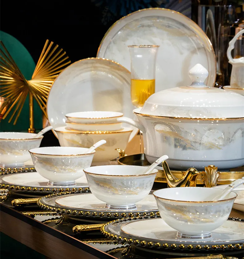 Golden Bone China White Stoneware Dinner Set Ceramic Plates Golden Bone China White Stoneware Dinner Set Ceramic Plates