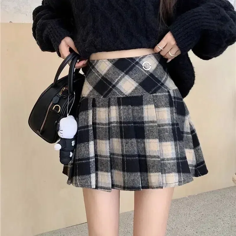 Plaid Mini Skirt: Deeptown Wool Blend Preppy Style Short Skirt